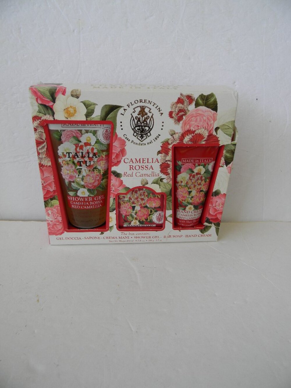 NEW LA FLORENTINA CAMELIA ROSSA GIFT SET MADE IN ITAY SHOWER GEL HAND CREAM SOAP